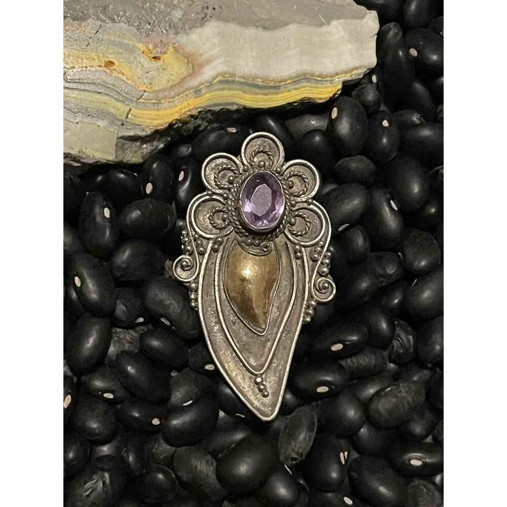 Vintage Sterling Silver & Brass Scroll Pin Brooch Teardrop Cluster Amethyst